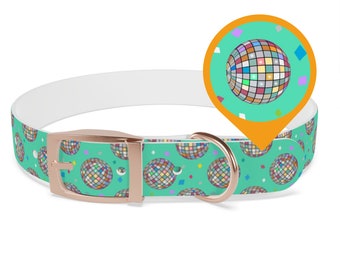 Disco Ball Turquoise Personalized Dog Collar -Choose Buckle Finish