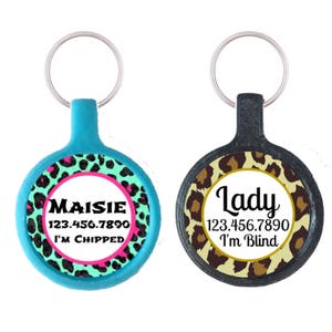 Blue or Brown Leopard Personalized Dog ID Pet Tag Custom Pet Tag You Choose Tag Size & Colors image 1