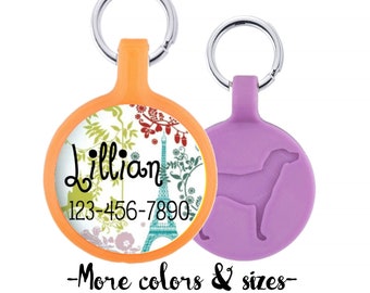Floral Dog Tag Paris in the Spring- Silver Custom Personalized Dog ID Pet Tag Custom Pet Tag You Choose Tag Size & Colors Cat Tag