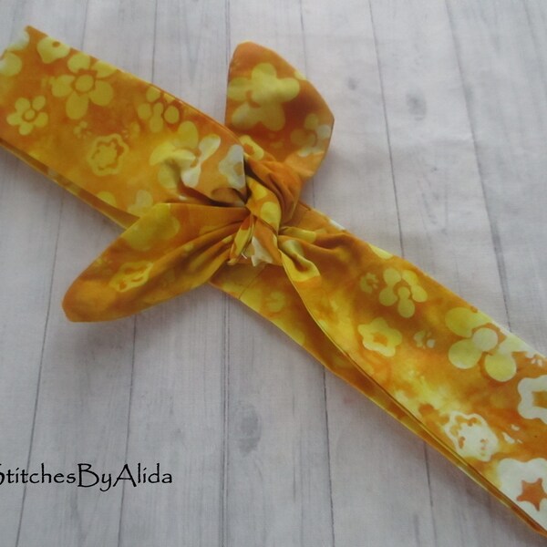 Skinny Headbands That Tie Womens, Narrow Self Tie Headband, Tie Up Headband, Narrow Batik Yellow Headband,