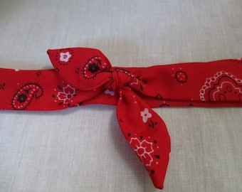 Skinny HeadBands that tie, RED Bandana Print Thin Adjustable Headband ,Paisley Print Head bandanna, Neck Scarf, Pony Tail Scarf, Purse Scarf