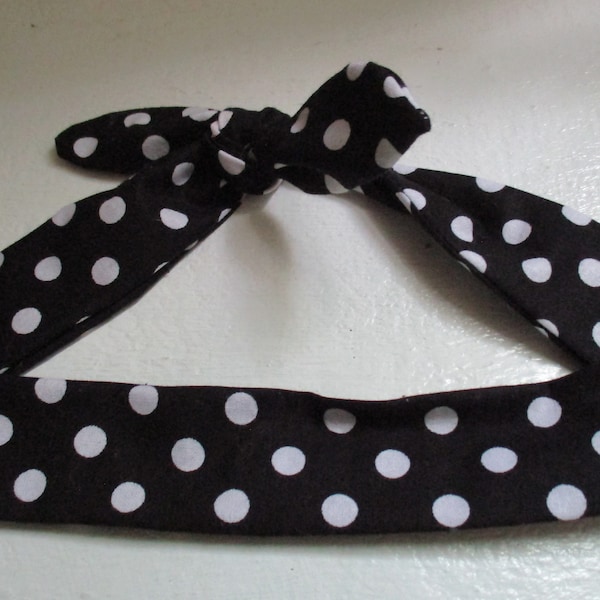 SKINNY Womens Headbands that Tie, Hair Bandana Black Polka Dots HairBand, Narrow Bandana Headband, Purse Scarf and Pony Tail Holder