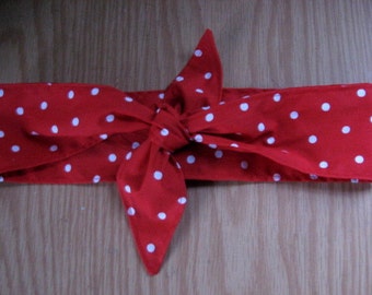 Headbands that tie, Tie Up Headscarf for Women, Polka Dots RED Adjustable Dolly Bow Top Knot, Boho Headwrap,  Hair Tie 107