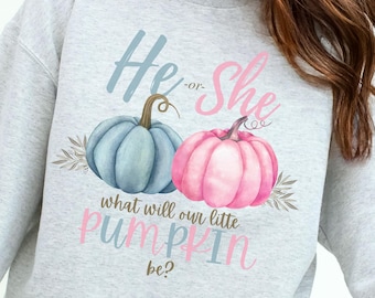 Sudadera de revelación de género con calabaza, ¿Qué será la calabaza?, Suéter de revelación de género de otoño, Anuncio de bebé de otoño, Anuncio de embarazo y revelación de género