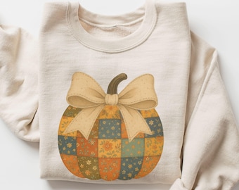 Coquette Pumpkin Sweatshirt, Autumn Pumpkin Sweater, Quilted Patchwork Pumpkin Shirt, Cute Fall Sweatshirt, Quilt Pumpkin Halloween Sweater
