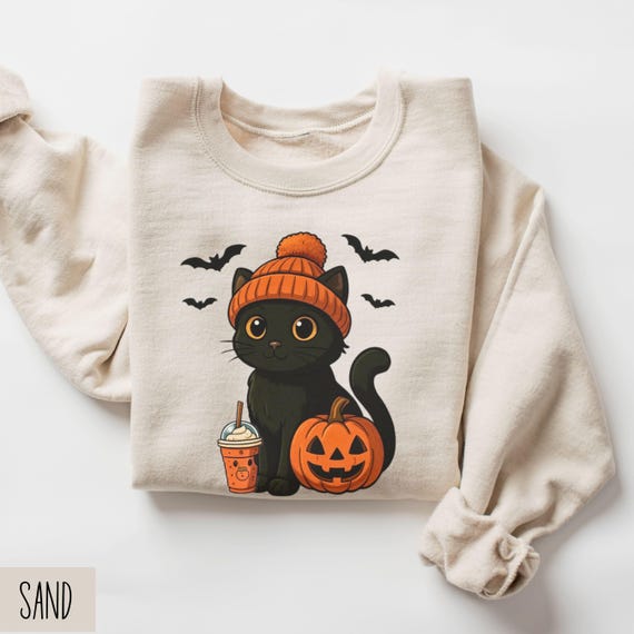 Halloween Black Cat Sweatshirt, Cute Cat Lover Sweater, Spooky Season Sweatshirt, Halloween Gift, Trick Or Treating Coffee Lover Halloween