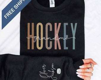 Custom Hockey Grandma Sweatshirt With Kids Name On Sleeve, Personal Hockey Grandma Gift, Cute Hockey Grandma Sweater, Proud Hockey Grandma
