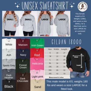 May include: A product image showcasing a unisex sweatshirt in various colors, including white, black, and navy. The image displays the Gildan 18000 model, with size and measurement details in inches. Models are shown wearing the sweatshirt in different sizes.