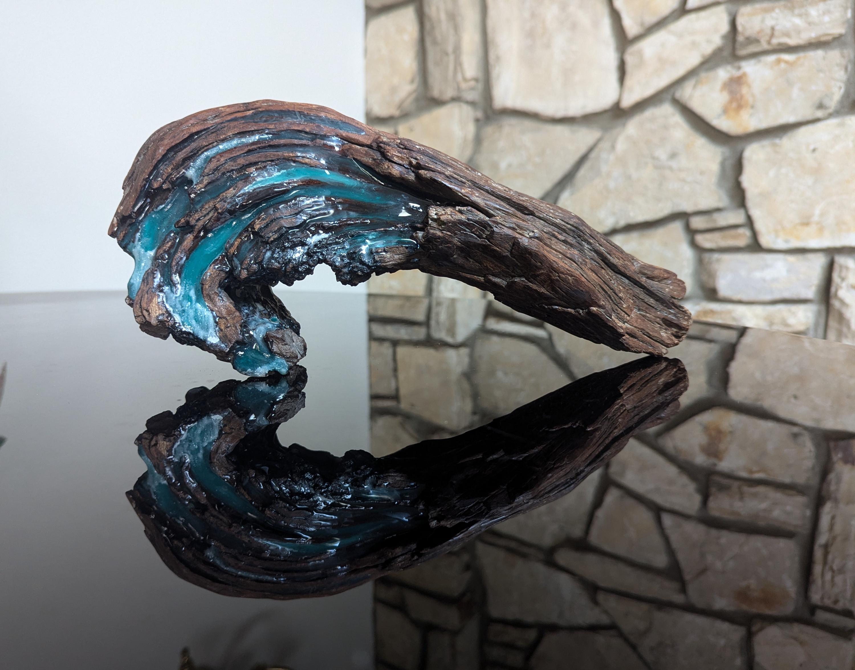 Ocean Wave Wood Sculpture | Teal Resin Coastal Art, Beach Decor - Etsy