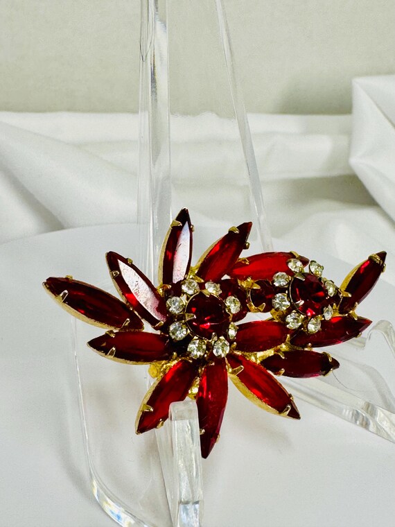 Ruby Red Rhinestone Brooch, Gold Tone Vintage Pin - image 2