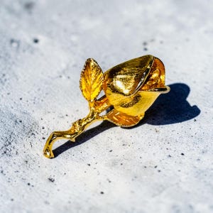 May include: A gold-toned metal brooch shaped like a single rosebud. The piece features a textured stem with small thorns, a single detailed leaf extending from the side, and a smooth, rounded rosebud head with a polished, reflective finish.