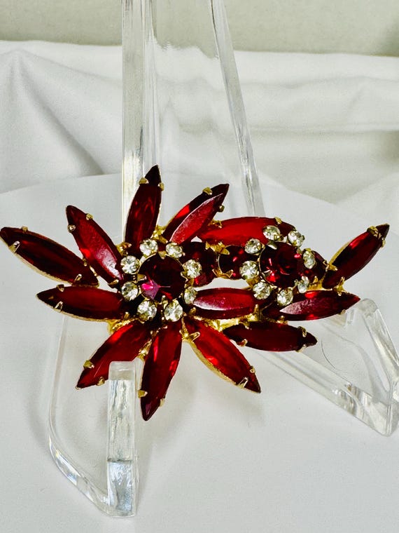 Ruby Red Rhinestone Brooch, Gold Tone Vintage Pin - image 1