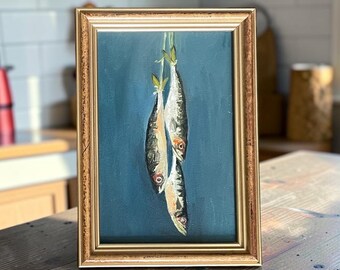 Sardine Oil Painting Framed, Ocean Wall Decor Gift for Fishing Lovers, Nautical Kitchen Artwork