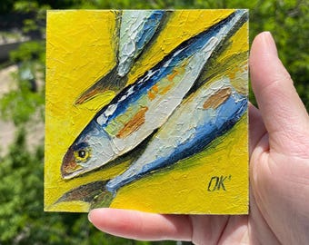Sardine Art Original, Small Fish Oil Painting, Coastal Beach House Decor