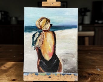 Strandmeisje acrylschilderij kust muur kunst zomer minimalistische figuurkunst