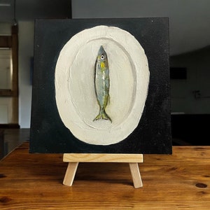 Fish on a Plate Oil Painting Textured Impasto Art Minimalist Still Life 5.91 x 5.91 inches