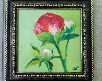 Red Peony Impasto Oil Painting on Panel, Textured Floral Art (6x6 Inches)