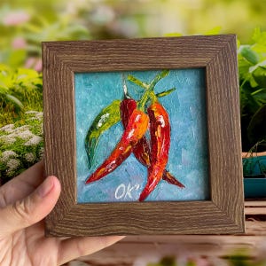Chili pepper oil painting Textured artwork Kitchen wall art Impasto paint Mini bookshelf decor