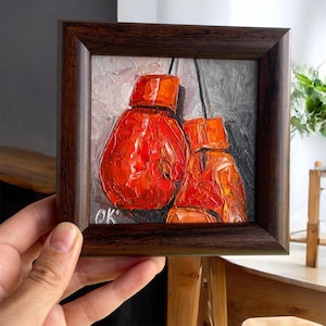 Gants de boxe rouges, petits empâtements, art sportif sur toile, peinture à l'huile texturée, cadeau pour lui, décoration d'athlète