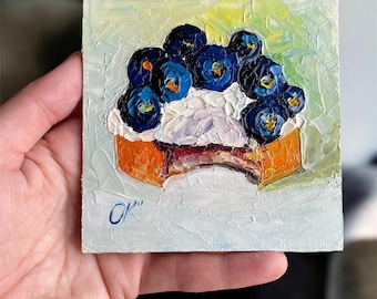 Blueberry Painting, Small Oil, Textured Fruit Art, 4x4 Inch