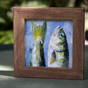 Fish Oil Painting in Frame – Small Impasto Art, Coastal Kitchen Decor, Nautical Miniature, Original 4 x 4 inches Wall Art Gift
