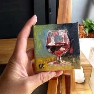 Wine glass oil painting Impasto textured art Miniature artwork Alcohol painting