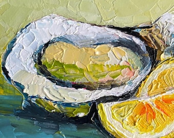 Oyster Oil Painting, Lemon Still Life, Coastal Seafood Kitchen Art