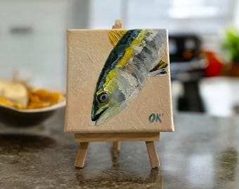 大きな魚の群れの油絵、手描きの水中アート、鮮やかな魚のアート、水中