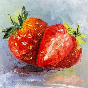 Fraises juteuses - peinture à l'huile texturée, mini oeuvre d'art empâtement 10 x 10 cm