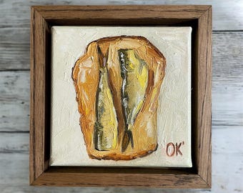 Sardine Oil Painting Framed Small Food Wall Art Original Kitchen Decor Gift for Foodie
