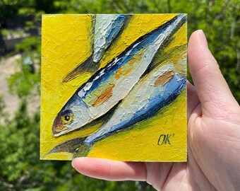 Sardine Oil Painting Coastal Textured Art, Small Fish Kitchen Wall Decor