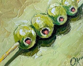 Green Olive Branch Small Oil Painting, Kitchen Still Life Wall Art, Impasto  Original Art