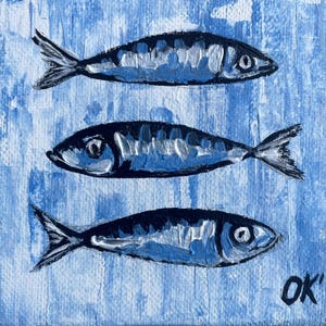 Sardines acrylic painting Kitchen wall decor Seafood picture Floral art