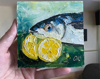 Sardine Oil Painting, Lemon Still Life, 4x4 Inch Textured Art