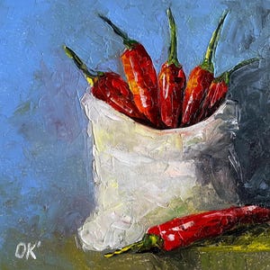 Vibrant Red Chili Peppers in Sack Oil Painting - Kitchen Wall Art