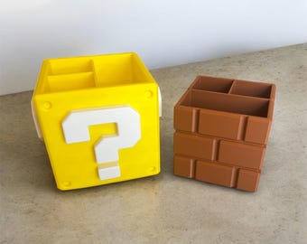 Video Game Pencil Holders I Mario Block Brick Desktop Organizer I Super Mario Question Block Office Gift I Birthday Gift