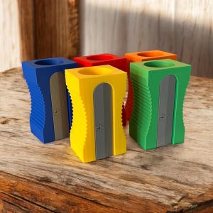 May include: Four colorful pencil sharpeners, one blue, one yellow, one red, and one green, are arranged on a wooden surface. Each sharpener has a metal blade and a small hole for pencils.