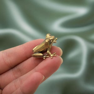 May include: A small, metallic, gold-toned frog figurine with a smooth, polished surface. The frog is depicted in a seated, alert posture with its front legs extended forward and its hind legs tucked close to its body, showcasing detailed eyes.