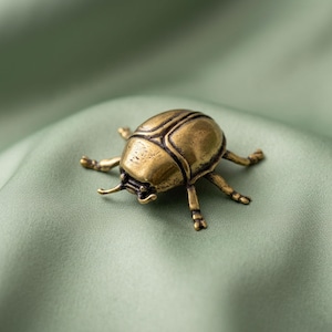 May include: A small, metallic, gold-toned beetle figurine with a smooth, rounded shell and six articulated legs. The insect sculpture features detailed engravings on its back and head, showcasing a polished finish with subtle dark patina accents.