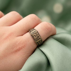 Vintage Brass Good Luck Ring, Chinese Fu Character Signet, Adjustable Wearable Art Gift