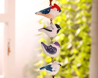 Hand Painted Wooden Bird Hanging Decor, Colorful Bird Ornament, Natural Wood Mobile Window or Door Hanging, Bird Lover Gift, Boho Home Décor
