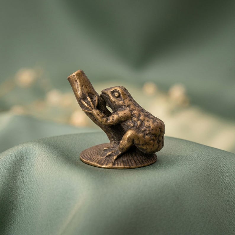 K&ouml;nnte beinhalten: Eine kleine, antik wirkende Metallfigur in Bronzet&ouml;nen, die einen Frosch auf einem strukturierten Ast darstellt. Der Frosch ist mit detaillierter Hautstruktur geformt und sitzt auf einem runden, geriffelten Sockel. Das Objekt hat eine hohle, abgewinkelte &Ouml;ffnung an der Spitze des Astes, was auf ein funktionales Design zum Halten eines d&uuml;nnen Gegenstands hindeutet.