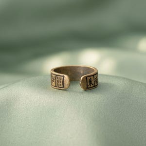 Bronze Mahjong Ring Wearable Artistic Miniature Sculpture Ring, Adjustable Asian Culture Lucky Pendant Gift