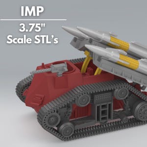 May include: A red and gray 3.75" scale model of a tank with a raised launcher holding three gray missiles with yellow stripes. The tank has a machine gun on top and tracks on the bottom.