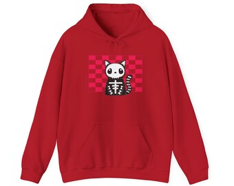Cute Skeleton Kitty Hooded Sweatshirt, Black Cat Red Hoodie