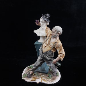 1960s Capodimonte &quot;Drinking Pals&quot; | Vintage Italian Porcelain Bar Scene | Man Toasting Classical Bust | 20cm Mid-Century Sculpture