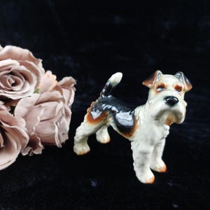 Goebel Wire Fox Terrier Figurine 1970s West Germany, Black White Dog Statue, Mini Ceramic Dog 5.5&quot; Long, W German Collectible