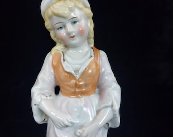 Vintage German Porcelain Figurine: Farm Girl with Goose, 1930s-40s, 8.5"