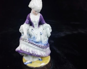 Antique German Porcelain Figurine | Victorian Lady in Purple Dress | Hand-Painted Thuringian Miniature #1412 | Collectible - Late 19th cc