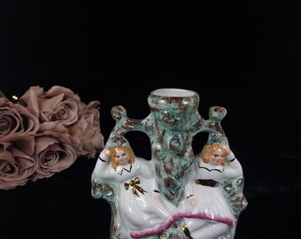 Antique Staffordshire Spill Vase | Victorian Tree with Angels Figurine | Hand-Painted Porcelain with Gold Accents | Rare Decorative Piece